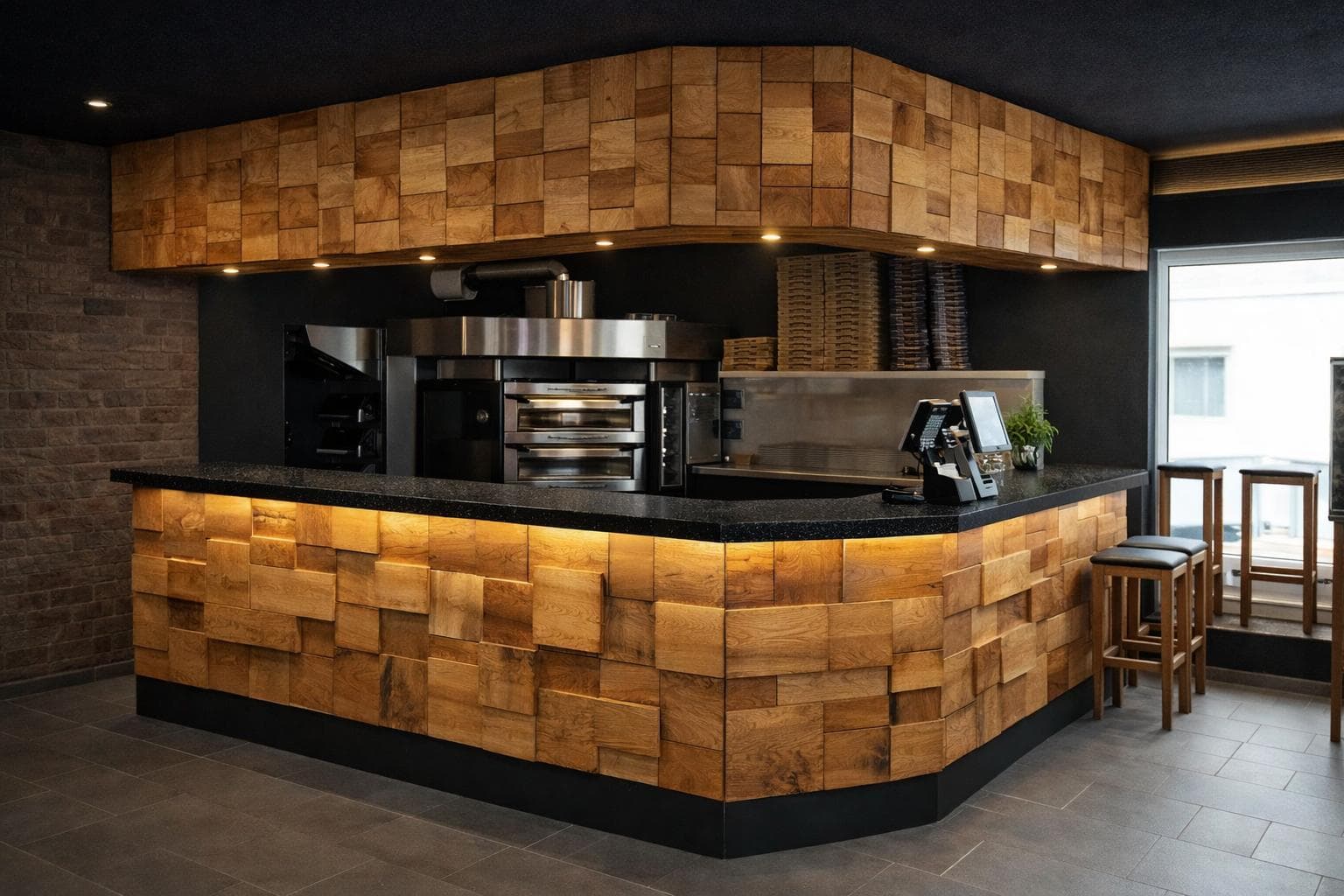 Holztheke mit Steinofen